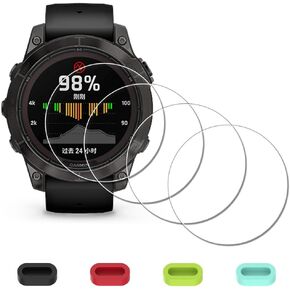 [4 Pack] Screen Protector for Garmin Fenix 7 Pro Solar/fenix 7 Pro Solar Sapphire Watch + Silicone Anti-dust Plugs Tempered Glass Anti-Scratch Bubble-Free
