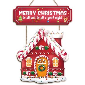 Merry Christmas Gingerbread House Decor for Christmas Wooden Sign Decorations (17x12inch) Xmas Candy Canes Wall Art,Winter Party Hanging Door Sign for Home Festival Porch Front Door Decor