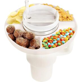 Snack Bowl with Cover for Stanley Cup 40 oz Tumbler with Handle Reusable Silicone Snack Tray, 3 Compartment Snack Platters for Stanley Cup Accessories Outdoor (off white)