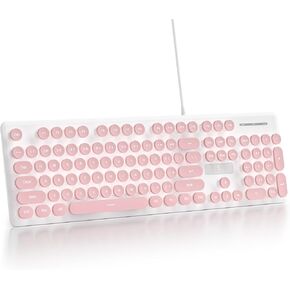 Full Size White Backlit Membrane Keyboard, 104 Keys Green Keyboard with Number Pad, Retro Typewriter Slim LED Keyboard with Round Keycaps, USB Wired Quiet Computer Keyboard (Light Green)