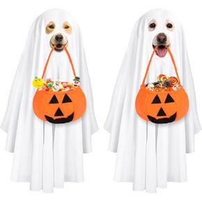Whaline 4Pcs Halloween Ghost Dog Costumes with Non-Woven Felt Pumpkin Candy Buckets White Ghost Dog Cats Cosplay Cloths Cute Party Cape for Medium Large Dogs Costume Trick or Treat Accessories
