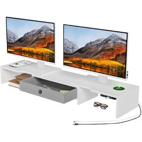 Monitor Stand with Drawer, Dual Monitor Stand Riser with Adjustable Length and Angle, Computer Stand, Desk Organizer for PC Monitor/Laptop/MacBook