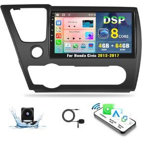 8 Core Android 13(4G+64G) Car Stereo for Honda Civic 2013-2017 Upgrade,Wireless Carplay&Android Auto, 9" IPS Touchscreen 1280 * 720 DSP Auto Radio GPS Bluetooth FM/RDS 32EQ WiFi SWC+Backup Cam&Mic