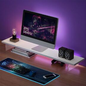 Wooden Acrylic Monitor Stand Riser, Adjustable Height - LED Lighted Desktop Organizer for Laptop/TV/PC/Printers (White, 7.88" x 31.5")
