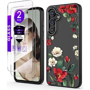 for Samsung Galaxy S24 FE 5G Case+Tempered Glass Screen Protector,Military Grade Protective Slim Soft TPU Hard PC,Girls Women Crystal Clear Flower Pattern Case Cover for Galaxy S24 FE-Purple