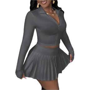 SOLY HUX Women's Skirt Sets 2 Piece Outfits Long Sleeve Zip Up Crop Top Pleated Mini Skirt Outdoor Activewear