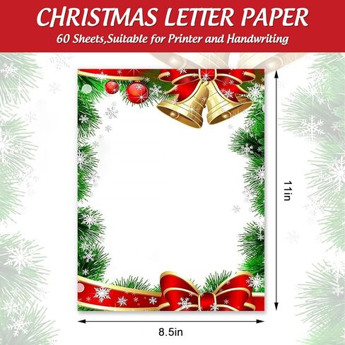 AnyDesign 60 قطعة من ورق قرطاسية عيد الميلاد بالألوان المائية لعيد الميلاد وحواف التوت ورق كتابة الحروف المزخرفة للملاحظات وبطاقات التهنئة والطباعة المدرسية والمكتبية، 8.5 × 11 بوصة in Kuwait