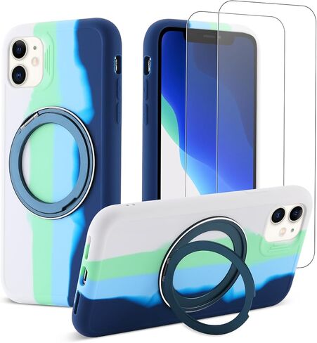 360°Rotatable Magnetic Ring Stand for iPhone 11 Case,Compatible with MagSafe,with [2 Pack Screen Protector] Military Grade Drop Shockproof Silicone Slim Phone Case 6.1 inch. (Black) in Kuwait