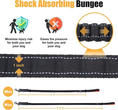 Premium 5.5FT Reflective Bungee Dog Leash for Medium and Large Dogs - Shock Absorbing with Padded Handle and Traffic Handle - Perfect for Training and Control in Saudi Arabia
