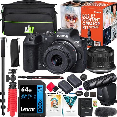 Canon EOS R7 Mirrorless Camera Content Creator Kit Including Body + 18-45mm is STM Lens + Microphone + 2 Battery 5137C055 Bundle with Deco Gear Photography Bag + Monopod + Software & Accessories in Saudi Arabia