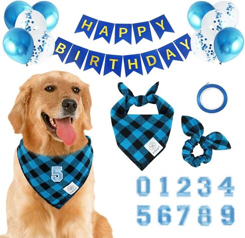 E-Clover Dog Birthday Party Supplies-Dog Birthday Bandana Boy & Matching Scrunchie Happy Birthday Banner Balloons 0-9 Number for Medium Large Dogs Gift Blue in Saudi Arabia