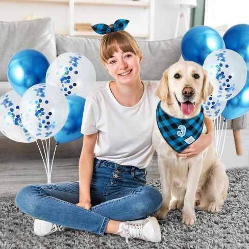 E-Clover Dog Birthday Party Supplies-Dog Birthday Bandana Boy & Matching Scrunchie Happy Birthday Banner Balloons 0-9 Number for Medium Large Dogs Gift Blue in Saudi Arabia
