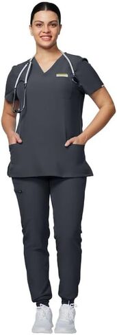 Medical Scrub Set For Women - Modern V-Neck Scrub Top & Slim Jogger Scrub Pants, 8 Pockets, Anti-Wrinkle in Saudi Arabia
