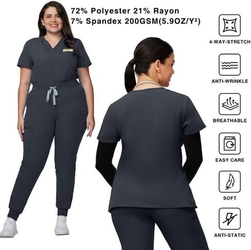 Medical Scrub Set For Women - Modern V-Neck Scrub Top & Slim Jogger Scrub Pants, 8 Pockets, Anti-Wrinkle in Saudi Arabia