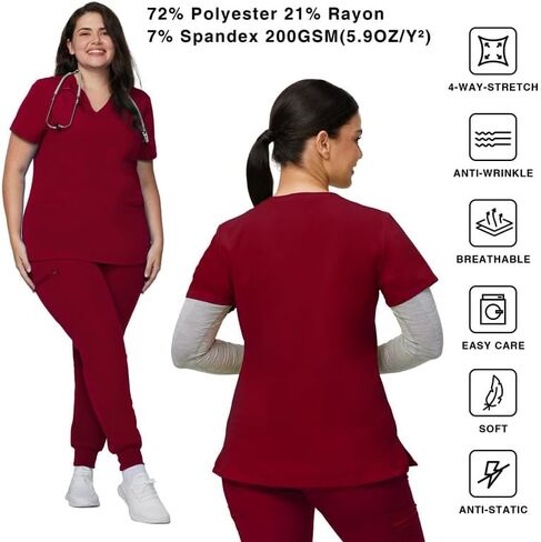 Medical Scrub Set For Women - Modern V-Neck Scrub Top & Slim Jogger Scrub Pants, 8 Pockets, Anti-Wrinkle in Saudi Arabia