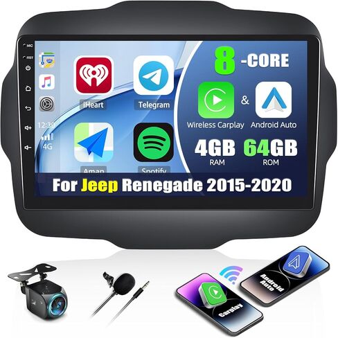 4+64G 8-Core Android 13 Car Stereo for Jeep Renegade 2015-2020 with Wireless CarPlay Android Auto, 9 '' IPS Touchscreen GPS Navigation with WiFi Mirror Link Bluetooth FM RDS DSP EQ SWC Backup Camera in Kuwait