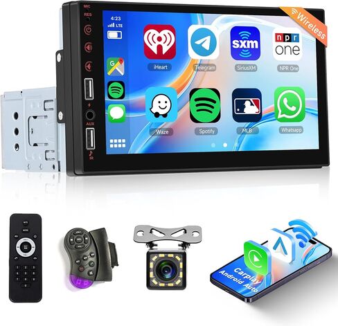 راديو ستيريو للسيارة بشاشة لمس واحدة Din، راديو Carplay Android Auto، شاشة لمس محمولة 7 بوصة، راديو السيارة مشغل الوسائط المتعددة مع وصلة مرآة بلوتوث FM EQ AUX وكاميرا احتياطية SWC USB in Saudi Arabia