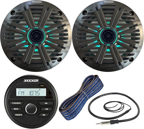 Kicker All-Weather Marine Gauge Style Bluetooth USB Stereo Receiver Bundle Combo with (Qty 2) 6.5" 2-Way 195W Max Coaxial Marine LED Speaker w/Charcoal Salt Water Grille, 16-Gauge Wire, Antenna in Saudi Arabia