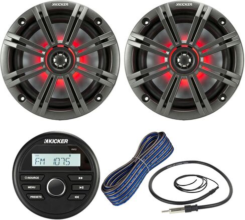 Kicker All-Weather Marine Gauge Style Bluetooth USB Stereo Receiver Bundle Combo with (Qty 2) 6.5" 2-Way 195W Max Coaxial Marine LED Speaker w/Charcoal Salt Water Grille, 16-Gauge Wire, Antenna in Saudi Arabia