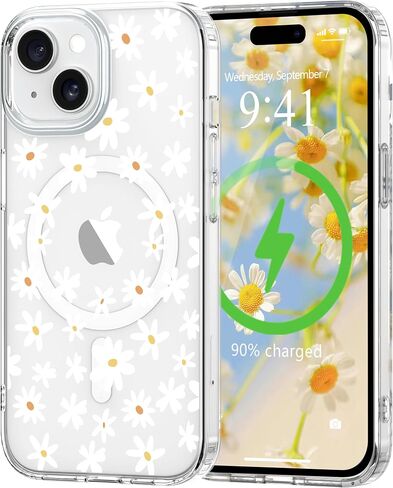 for iPhone 15 Case [Compatible with Magsafe], Cute Flower Girls Women Clear Case Silicone Shockproof Protective Cover with Pretty Floral Pattern Case for iPhone 15,White in Saudi Arabia