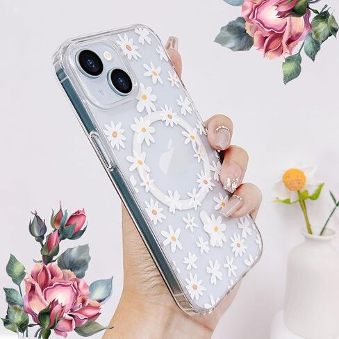 for iPhone 15 Case [Compatible with Magsafe], Cute Flower Girls Women Clear Case Silicone Shockproof Protective Cover with Pretty Floral Pattern Case for iPhone 15,White in Saudi Arabia