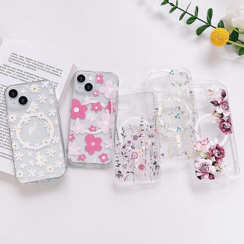 for iPhone 15 Case [Compatible with Magsafe], Cute Flower Girls Women Clear Case Silicone Shockproof Protective Cover with Pretty Floral Pattern Case for iPhone 15,White in Saudi Arabia