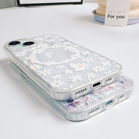 for iPhone 15 Case [Compatible with Magsafe], Cute Flower Girls Women Clear Case Silicone Shockproof Protective Cover with Pretty Floral Pattern Case for iPhone 15,White in Saudi Arabia