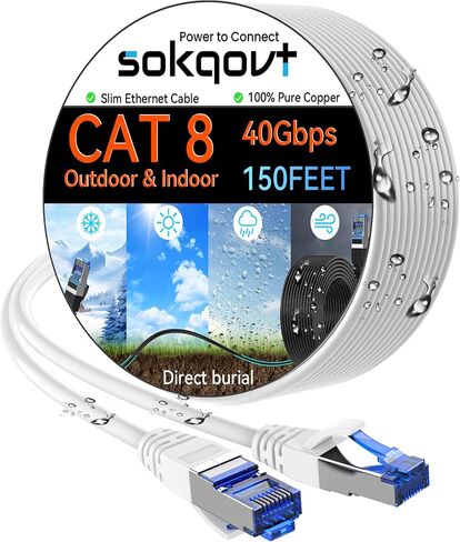 Sokqovt Cat 8 Ethernet Cable Slim 100ft Outdoor&Indoor, Pure Copper Cat8 Internet Cable for Waterproof & Direct Burial, Flexible Cat8 Ethernet Cable 40G 2000MHZ, Cat 8 Network Cable for Indoor White in Saudi Arabia