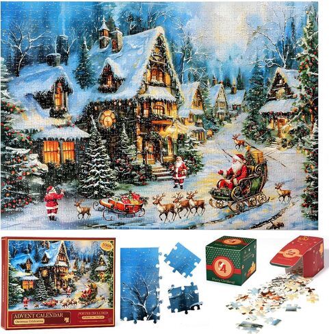 Homlouue Puzzle Advent Calendar 2024, 1008 Piece Jigsaw Puzzle Advent Calendar for Adult Kids, 24 Days Christmas Vacation Advent Calendar 2024, Christmas Shops Puzzle Christmas Countdown Calendar Game in Saudi Arabia