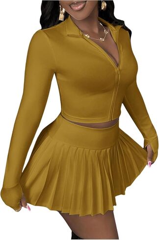 SOLY HUX Women's Skirt Sets 2 Piece Outfits Long Sleeve Crop Top with Pleated Mini Skirt Set Party Outfits for Women in Kuwait
