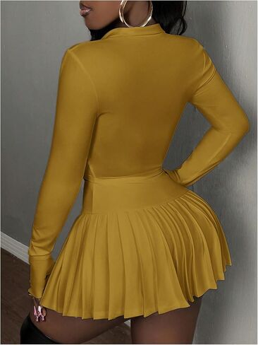 SOLY HUX Women's Skirt Sets 2 Piece Outfits Long Sleeve Crop Top with Pleated Mini Skirt Set Party Outfits for Women in Kuwait