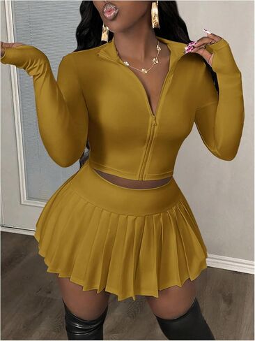 SOLY HUX Women's Skirt Sets 2 Piece Outfits Long Sleeve Crop Top with Pleated Mini Skirt Set Party Outfits for Women in Kuwait