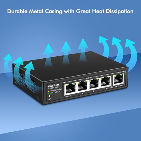 YuanLey 5 Port PoE Extender Gigabit مع 4 PoE Out، IEEE 802.3af/at/bt Mini 5 Channel PoE Repeater 1000Mbps، غلاف معدني، حماية من البرق 6KV، سطح المكتب، مفتاح POE للعبور، التوصيل والتشغيل in Saudi Arabia