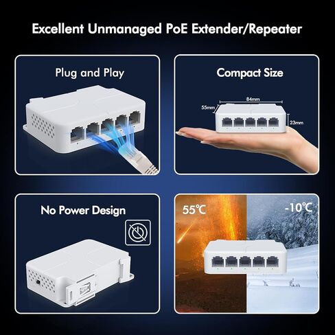 YuanLey 5 Port PoE Extender Gigabit مع 4 PoE Out، IEEE 802.3af/at/bt Mini 5 Channel PoE Repeater 1000Mbps، غلاف معدني، حماية من البرق 6KV، سطح المكتب، مفتاح POE للعبور، التوصيل والتشغيل in Saudi Arabia