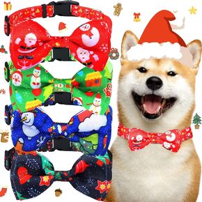 4 Pcs Christmas Dog Collar with Bow Funny Puppy Collars Adjustable Dog Bowtie Comfortable Basic Pet Collars Snowman Bell Santa Pattern Plastic Buckle for Small Medium Large Dog (Medium)