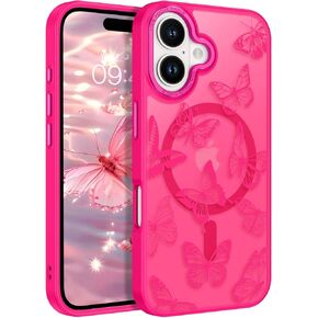 BENTOBEN for iPhone 16 Plus Case,Cute Butterfly Pattern iPhone 16 Plus Magnetic Case [Compatible with MagSafe] Translucent Matte Slim Women Girl Protective Cover Case for iPhone 16 Plus 6.7",Hot Pink