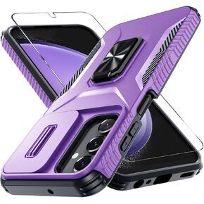 Compatible with Samsung Galaxy A25 5G Case with Slide Camera Cover+Screen Protector+Metal Rotated Kickstand,Tough Hybrid Heavy Duty Shockproof Protective Phone Cover,2024 Black
