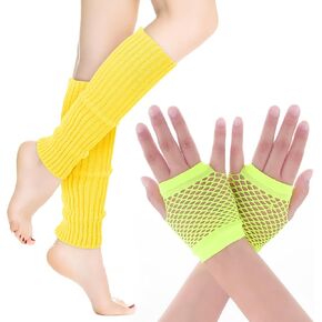 Yolev Purpe Neon Leg Warmers and Fishnet Gloves Set 80s Fancy Dress Costume Accessory Stretchy for Party Costume Accessories and Sports Yoga Supplies