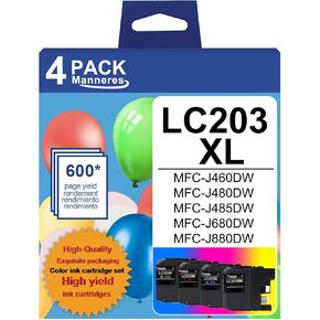 LC203 XL High Yield Ink Cartridge (4-Pack, Black, Cyan, Magenta, Yellow,1 Each) - LC203XL LC201 Ink Cartridge Replacement for Brother Ink LC203 MFC-J460DW MFC-J485DW MFC-J4620DW MFC-J885DW Printer