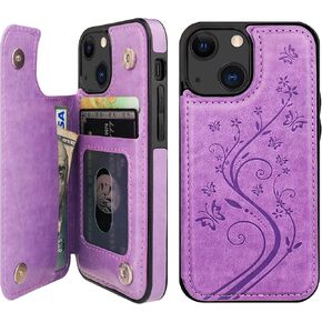 Vaburs Compatible with iPhone 13 Mini Case Wallet with Card Holder, Embossed Butterfly Pattern PU Leather Double Buttons Flip Shockproof Protective Cover for Magnetic Car Mount 5.4 Inch (Green)