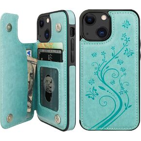 Vaburs Compatible with iPhone 13 Mini Case Wallet with Card Holder, Embossed Butterfly Pattern PU Leather Double Buttons Flip Shockproof Protective Cover for Magnetic Car Mount 5.4 Inch (Green)