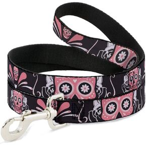 Buckle-Down Pet Leash - Sugar Skulls Gray/Pink - 6 Feet Long - 1" Wide