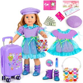 American 18 inch Doll Clothes and Accessories - Doll Travel Suitcase Luggage, Doll-Clothes and Shoes, Bag, Sunglasses, Camera, Passport, Notebook, Phone, pad Doll Travel Gear Play Set Fit 18 inch Doll