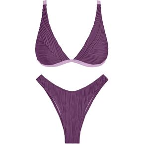 ZAFUL Women's Sexy Two Piece Swimwear Textured Triangle Plunging Neck High Cut Cheeky Bikini Set Solid Color Swimsuit