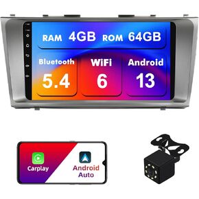4+64G Android 13 Double Din Car Stereo for Toyota Camry 2006-2011 with 9 Inch Touchscreen Radio Built-in Wireless Carplay/Android Auto/GPS/Bluetooth/FM/AUX-in/Steering Wheel Controls/Backup Camera