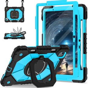 for iPad Air 11 Inch M2 Case 2024, Heavy Duty iPad Air 6th Generation Cover with Screen Protector Rotating Stand Pencil Holder Shoulder Strap for iPad Air M2, Black Blue