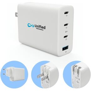 USB C 100W GAN 3 PPS Charger, Retractable Plug and EU Adapter, Travel 4 Port Charge Block, for Laptops, Tablets, Cameras and More.