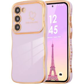 DEFBSC Case for Samsung Galaxy S22 Ultra Case, Curly Wave Shape Plating Frame Cute Love Heart Cover for Girls Women, Full Camera Lens Protection Soft Durable TPU Shockproof Case, Dark Purple