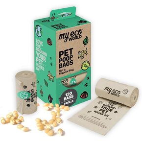 MyEcoWorld® Pet Poop Bags - Made with Corn and Other Certified Compostable Materials - Dog Poop Bag Rolls - 120 Bags - 8 Roll - Extra Strong - Leak Proof - Unscented - Easy to Open - Pet Waste