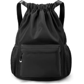 Black Drawstring Drawstring Backpack for Women, Waterproof Drawstring Gym Bag for Men, Small Cinch Sack for Basketball, Pull String Sport Bag for Soccer. (Black) in Saudi Arabia